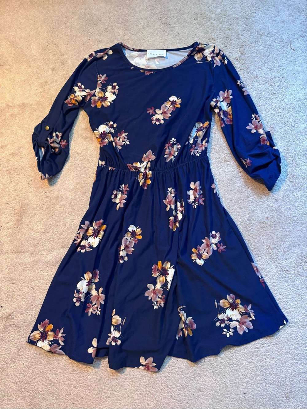 French Grey Navy Floral Long-Sleeve Fit-and-Flare Dress